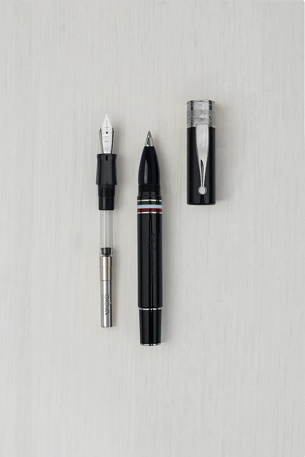 GIOIA Partenope Fountain Ink Pen and Rollerball Pen with an Interchangeable Grip Section, Black Resin Barrel & Cap with Rhodium Plated Broad Nib and Trims