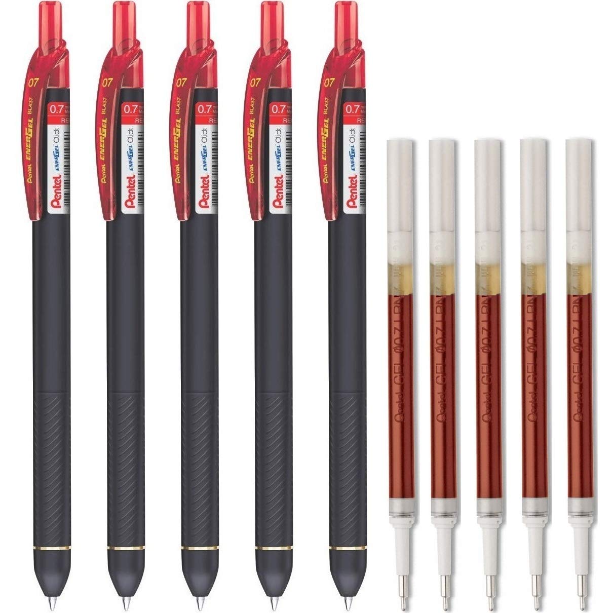 Pentel EnerGel Click 0.7mm Metal Tip (EnerGel Click Pen Red 5 & LR7 Refill Red 5) By DTL Company