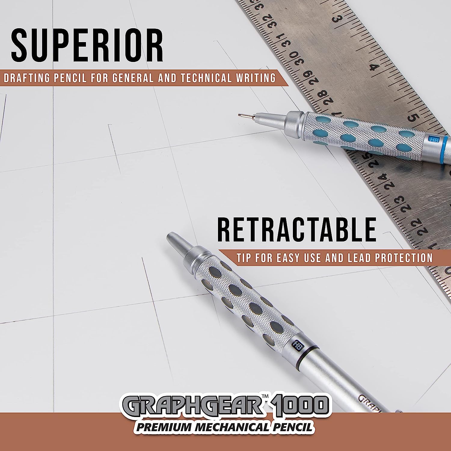 Pentel GraphGear 1000 0.3 Mm Mechanical Drafting Pencil | Metal Clip With Retractable Mechanism | Dual Metal & Rubber Grip | Pack Of 1 | Silver & Brown (PG1013)