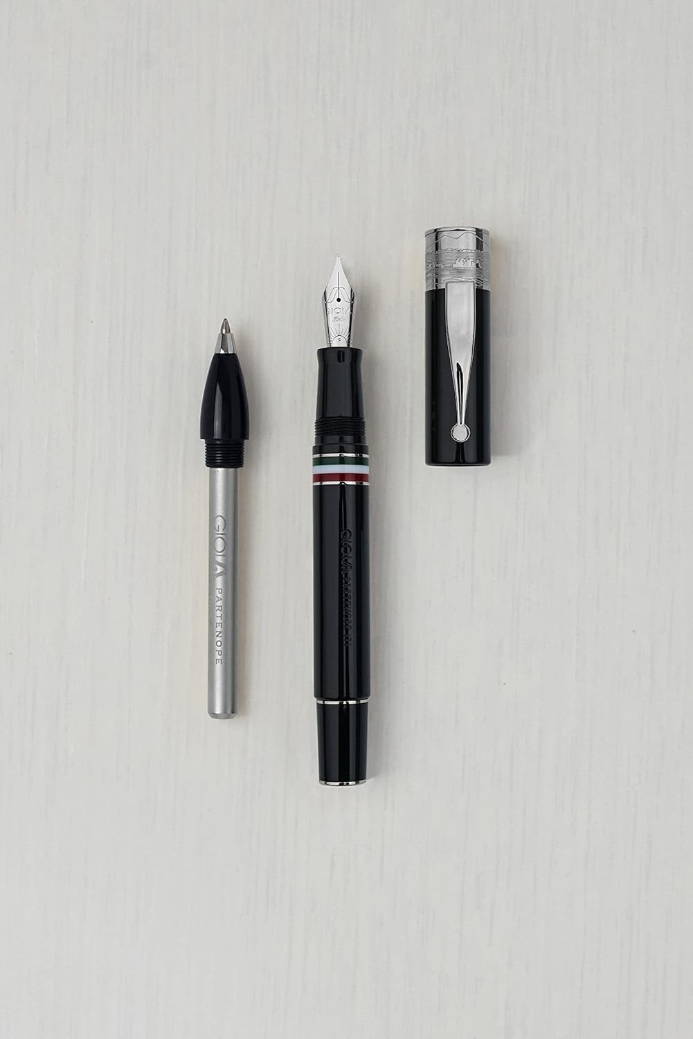 GIOIA Partenope Fountain Ink Pen and Rollerball Pen with an Interchangeable Grip Section, Black Resin Barrel & Cap with Rhodium Plated Broad Nib and Trims