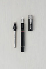 GIOIA Partenope Fountain Ink Pen and Rollerball Pen with an Interchangeable Grip Section, Black Resin Barrel & Cap with Rhodium Plated Broad Nib and Trims