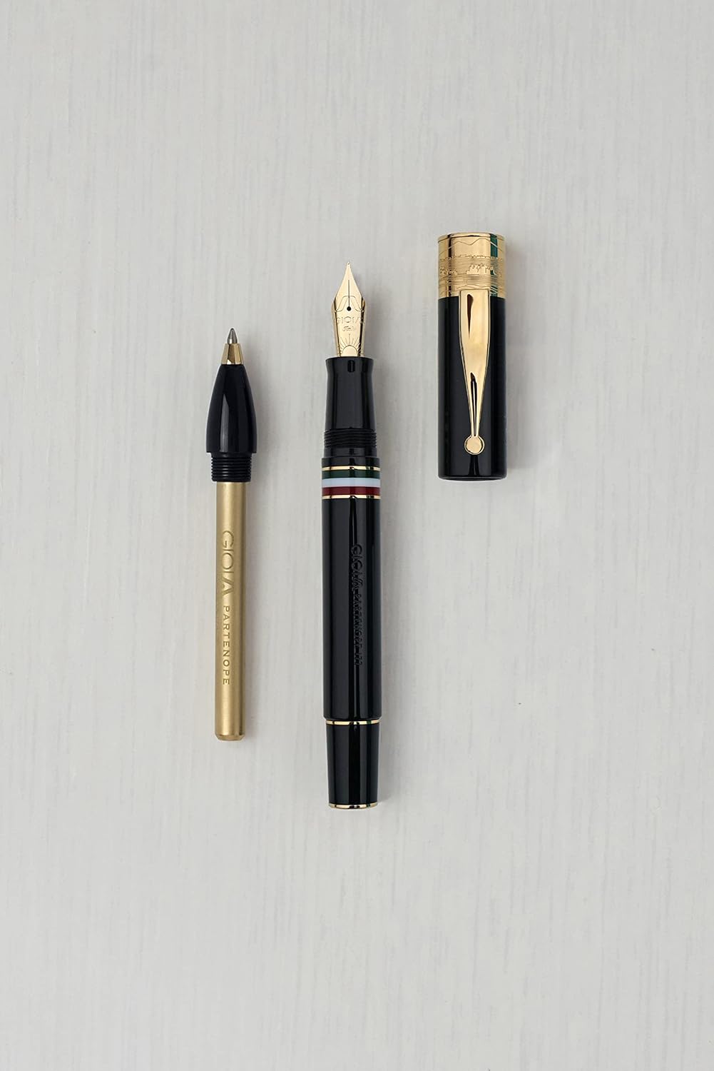 GIOIA Partenope Fountain Ink Pen and Rollerball Pen with an Interchangeable Grip Section, Black Resin Barrel & Cap with Gold Plated Medium Nib and Trims