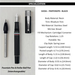 GIOIA Partenope Fountain Ink Pen and Rollerball Pen with an Interchangeable Grip Section, Black Resin Barrel & Cap with Rhodium Plated Broad Nib and Trims