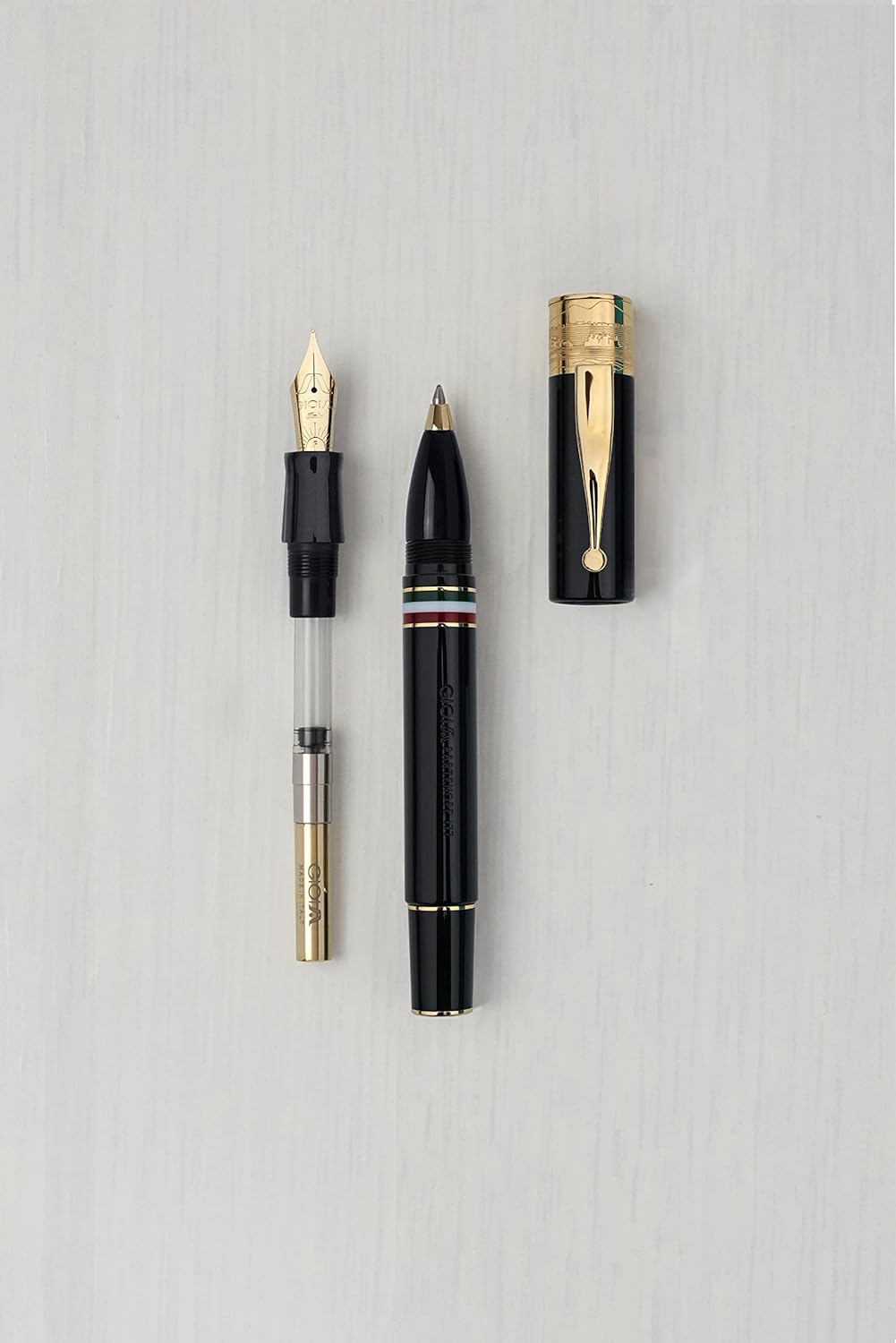 GIOIA Partenope Fountain Ink Pen and Rollerball Pen with an Interchangeable Grip Section, Black Resin Barrel & Cap with Gold Plated Medium Nib and Trims