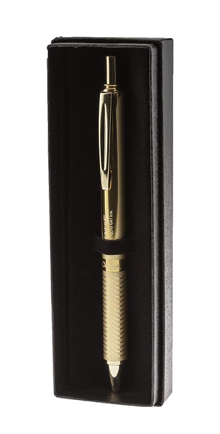 Pentel EnerGel 0.7 MM Roller Gel Pen | Textured Grip With Retractable Mechanism | Classic Design With Golden Metal Body | 1 Pc Blister Pack | Gold Body Blue Ink (BL407)