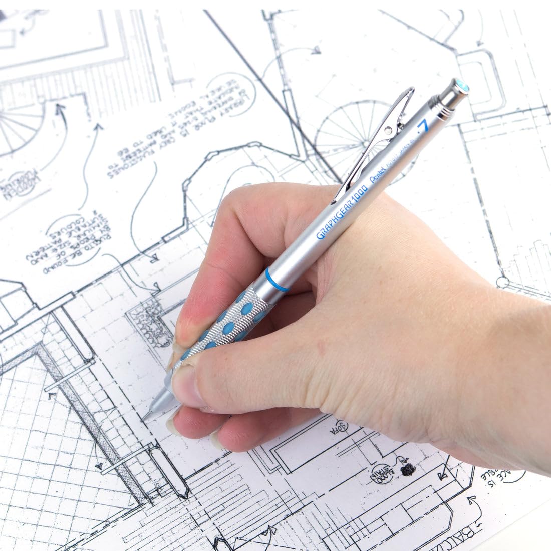 Pentel GraphGear 1000 0.7 MM Mechanical Drafting Pencil | Metal Clip With Retractable Mechanism | Dual Metal & Rubber Grip | Pack Of 1 | Silver & Blue (PG1017)