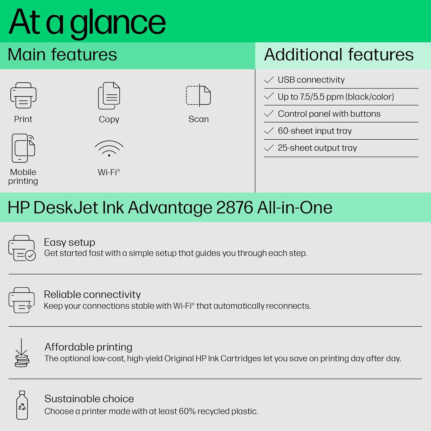 HP Ink Advantage 2876 WiFi Colour Printer - Print/Scan/Copy Ideal for Home