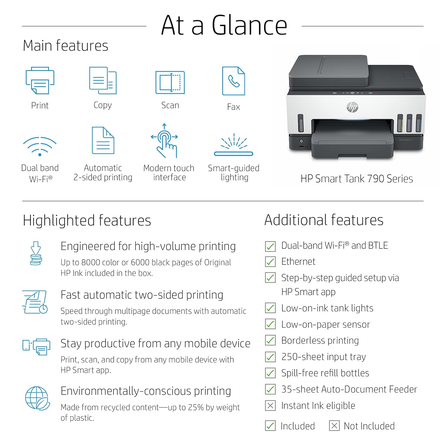 HP Smart Tank 790 All-in-One Auto Duplex WiFi Colour Printer with ADF and FAX, Print, Scan & Copy for Office with ADF and FAX