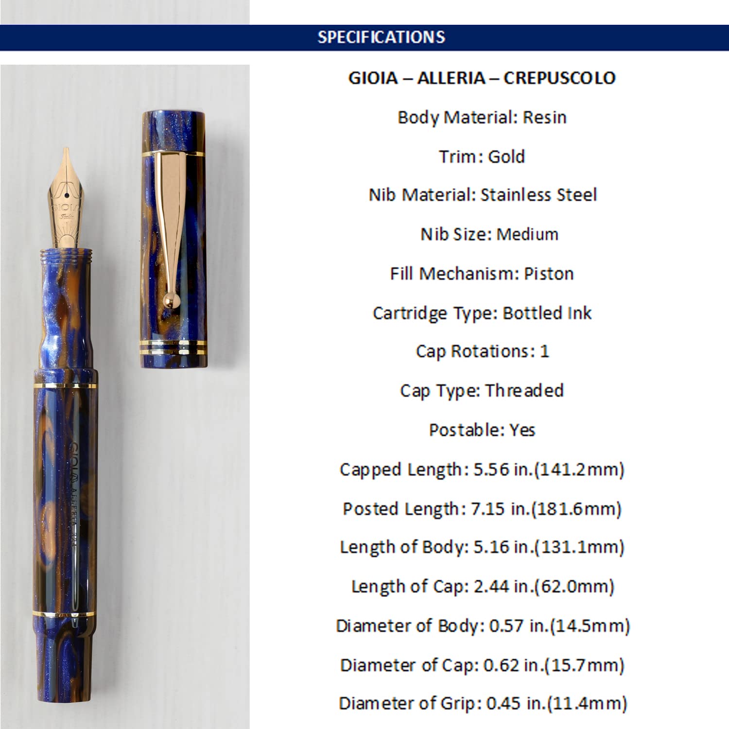 GIOIA Alleria Crepuscola Fountain Ink Pen Blue-Brown Resin Barrel & Cap with Gold Plated Medium Nib and Trims, Piston Ink Filling System-Does Not Support Cartridge/Converter