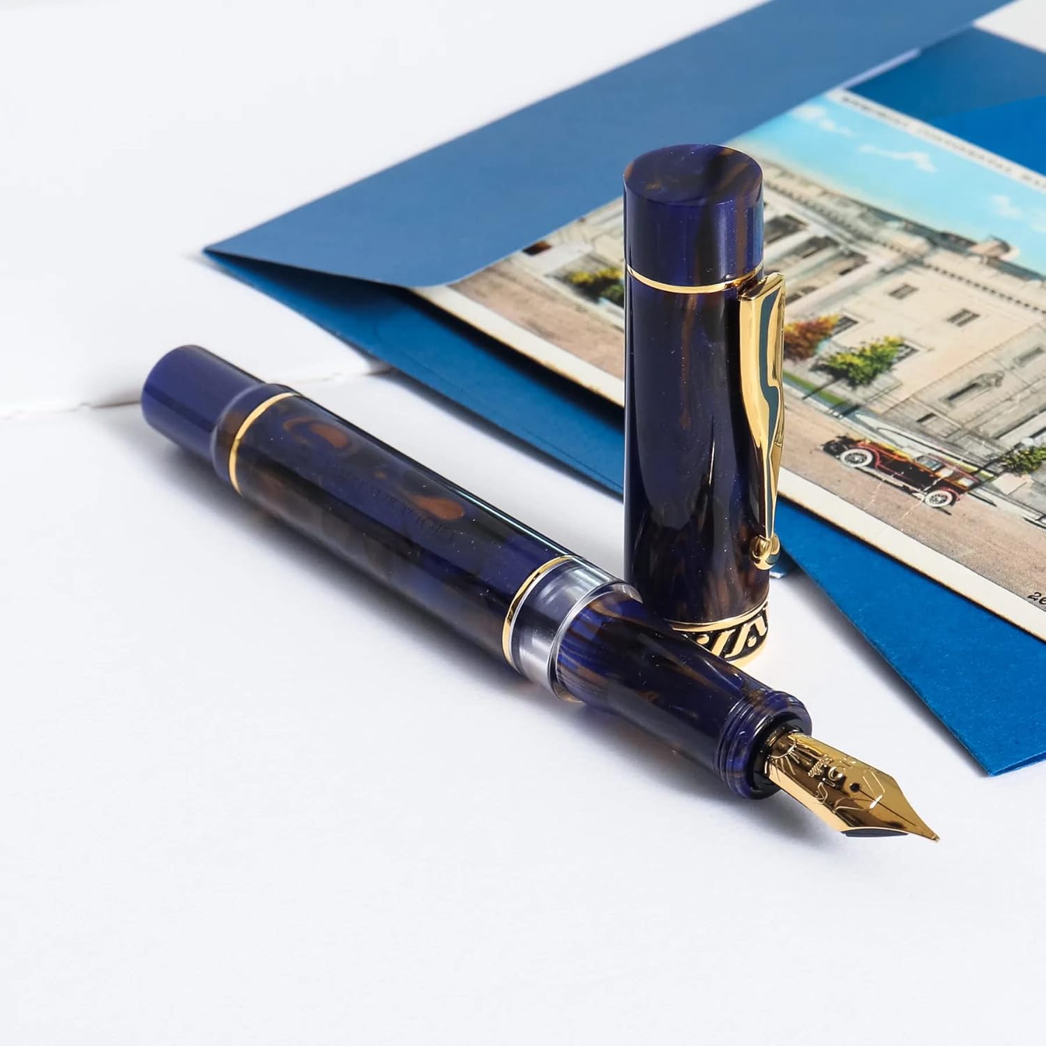 GIOIA Bellevista Crepuscola Fountain Ink Pen Blue-Brown Resin Barrel & Cap with Gold Plated Broad Nib and Trims,Piston Ink Filling System-Does Not Support Cartridge/Converter