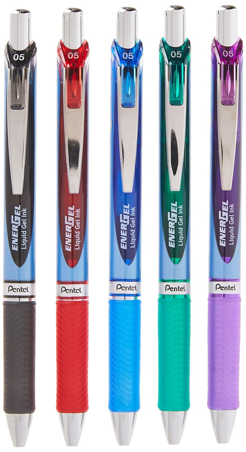 Pentel EnerGel RTX Retractable Liquid Gel Pen, 0.5mm, Metal Tip, Assorted Ink, Pack of 5 (BLN75BP5M)