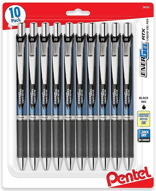 Pentel Energel 0.5mm Black Needle Tip Pens, 10 Pack, RTX Retractable Liquid Gel Pen, Great for Office, School and Home for Women and Men BLN75BP10A