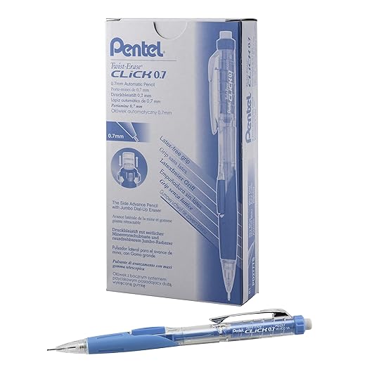Pentel Twist-Erase CLICK Mechanical Pencil (0.7mm) Clear Barrel Sky Blue Handle (Pack of 12) (PD277TS)