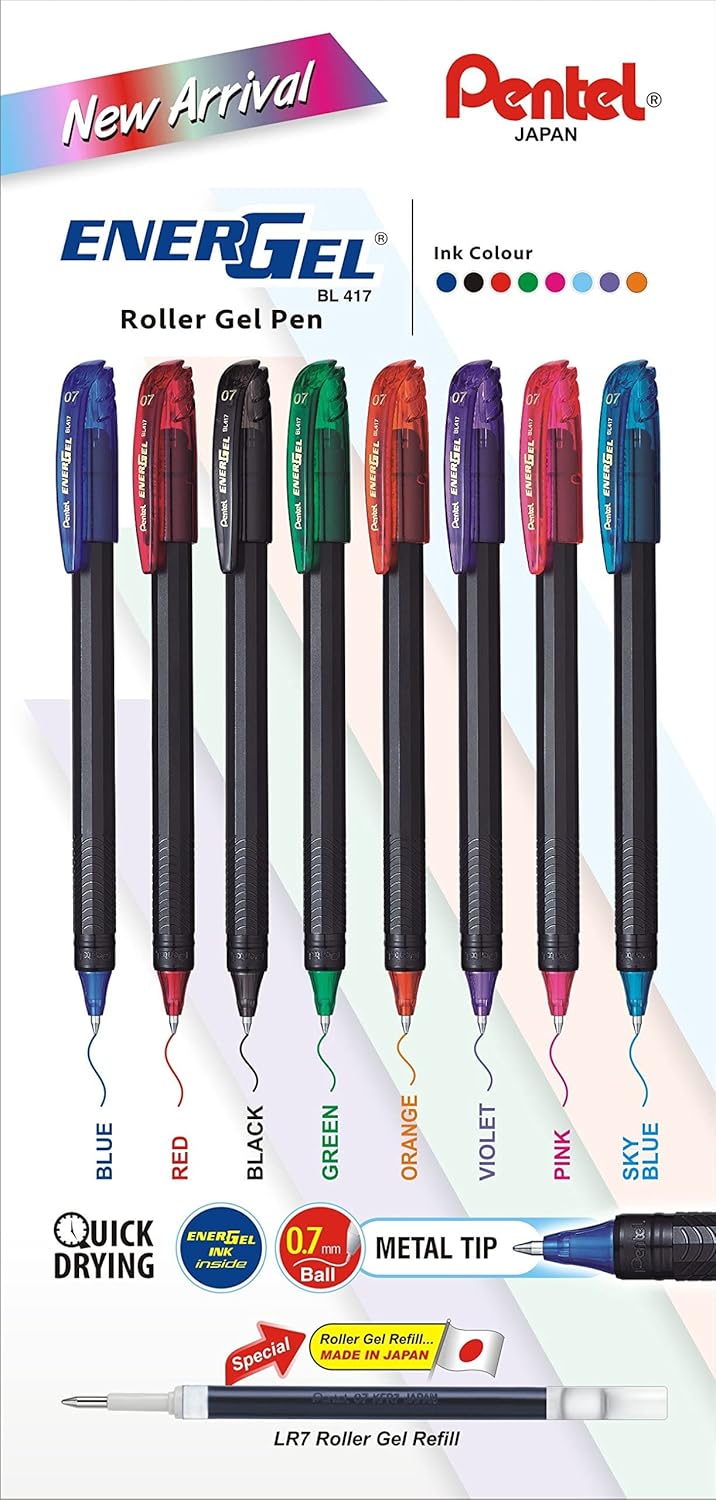 Pentel Energel 0.7Mm Roller Gel Pen | Quick Dry Ink For Smudge-Free Writing | Lightweight Gel Pen For Smooth Writing Experience | Set Of 8 Shades (Bl417), Multi-coloured, Multi