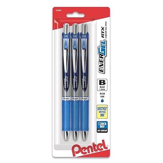 Pentel EnerGel RTX Retractable Liquid Gel Pen, Bold Line, Metal Tip, Blue Ink 3Pk (BL80BP3C)