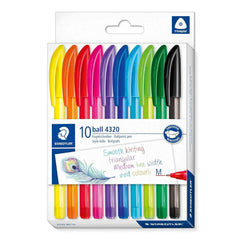 STAEDTLER Triangular Stick Ballpoint Pen, Line Width M Approx. 1.00 mm, for Relaxed Writing, 10 Ballpoint Pens in Assorted Colours in Cardboard Case, 4320 MC10