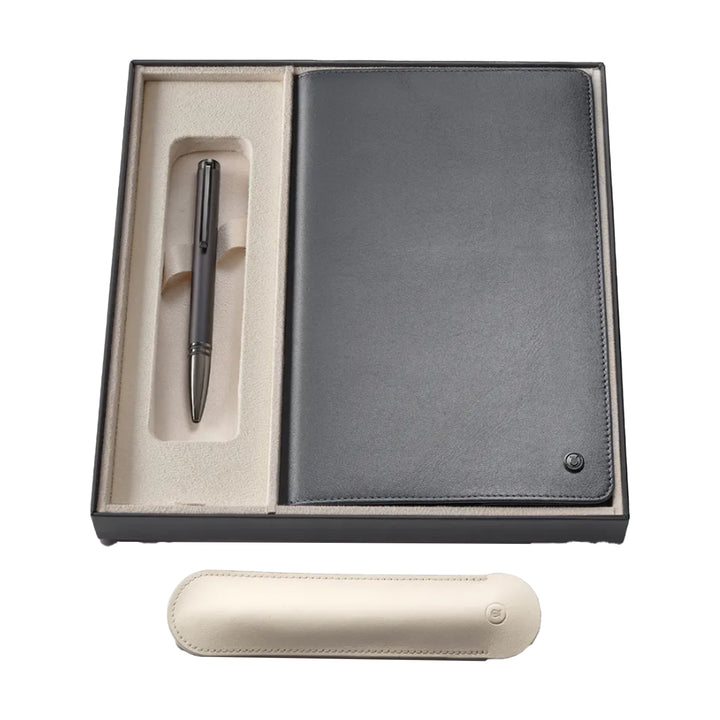 Lapis Bard Gift Set - Torque Matte Black Ball Pen with Ducorium Graphite Leather Notebook