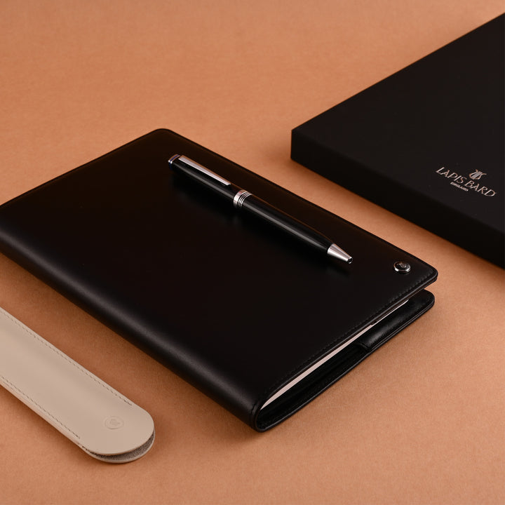 Lapis Bard Gift Set - Contemporary Black Ball Pen with Mayfair Leather Notebook