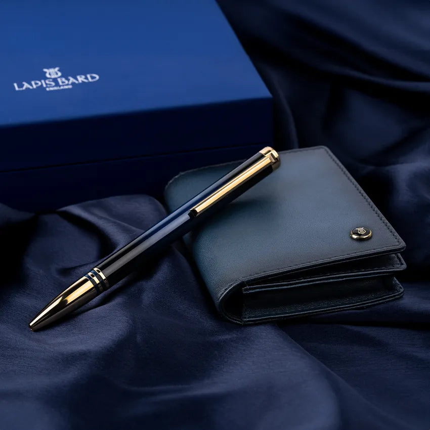 Lapis Bard Gift Set Torque Ballpoint Pen with Ducorium Business Card Holder – Blue with Gold Trims
